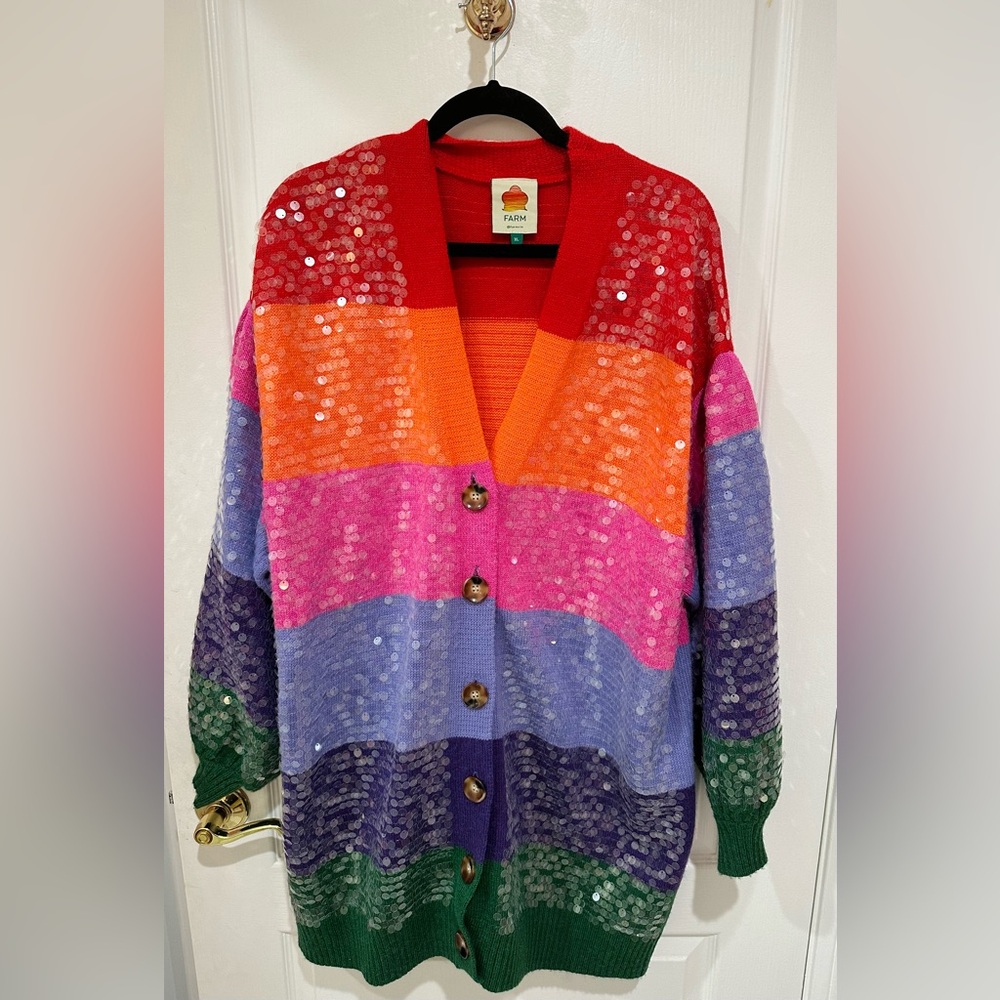 Farm Rio XL Sparkly Rainbow Long Cardigan